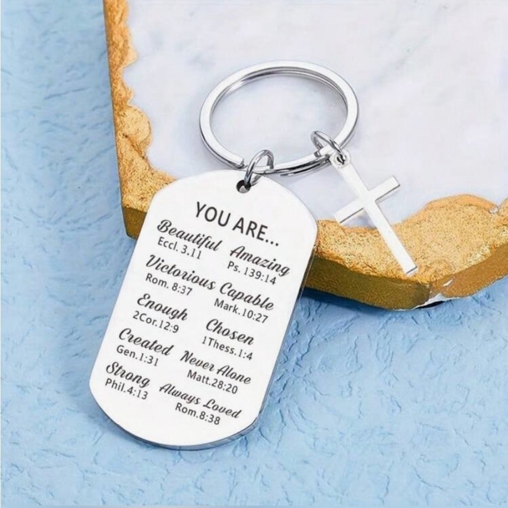 “You Are …” Everything and more with cross silver light-weight metal keychain